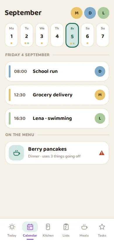 The Calendar on a phone: Friday’s school run, a grocery delivery and swimming, each in its person’s color.