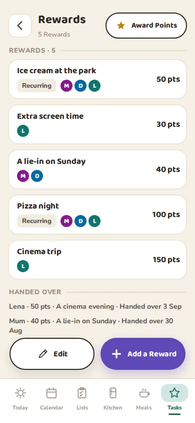 The Rewards list on a phone: ice cream at the park, extra screen time, pizza night and a cinema trip, with their Points.