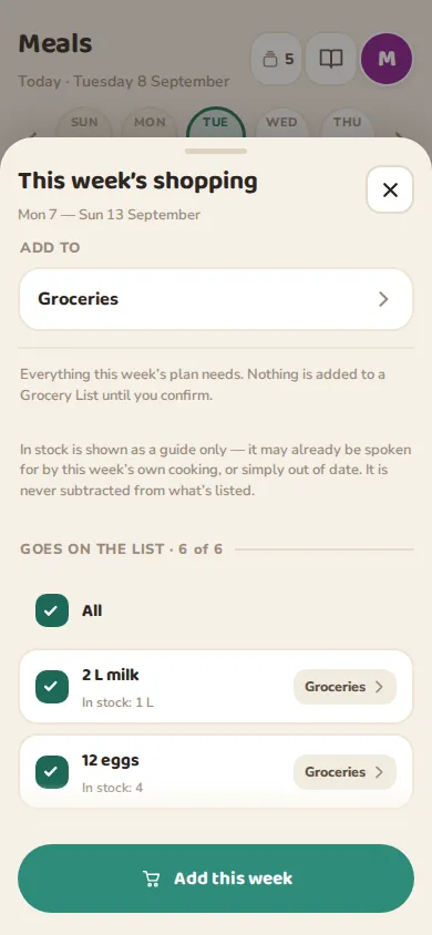This week’s shopping on a phone: milk and eggs the Meal Plan needs, ready to add to Groceries.