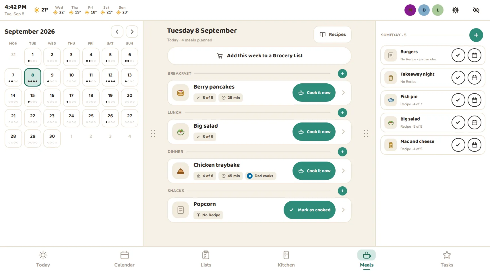 The Meal Plan on a tablet: September with the planned days marked, Tuesday’s breakfast, lunch, dinner and snack each with Cook it now, the button to add this week to a Grocery List, and five Someday ideas.