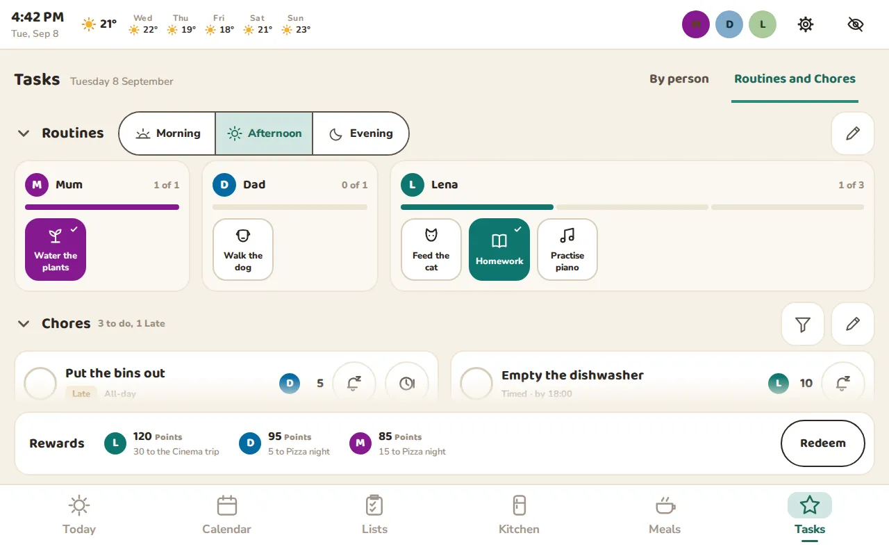 The Tasks screen: Afternoon Routines for Mum, Dad and Lena, the Chores still to do, and each person’s Points toward a Reward.